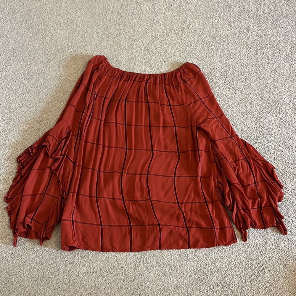 Gibson Latimer Burnt Orange & Navy Plaid LS Shirt w/Flutter Sleeves - Size M - Picture 2 of 4